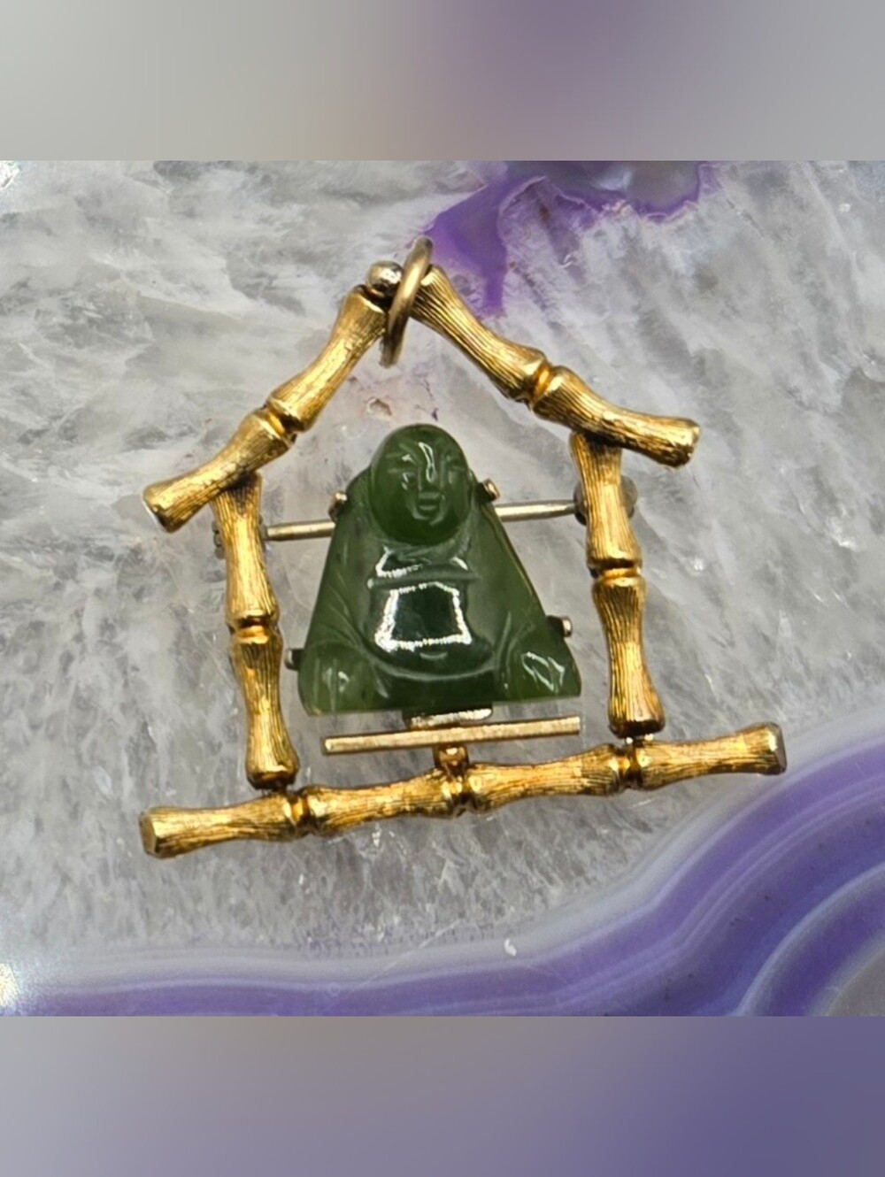 Krementz Brooch Bamboo GF Frame Jadeite (Jade) Buddha Brooch 1¼" Diameter